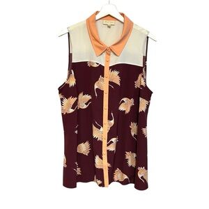 Modcloth 1X retro collar sleeveless blouse crane print button down novelty